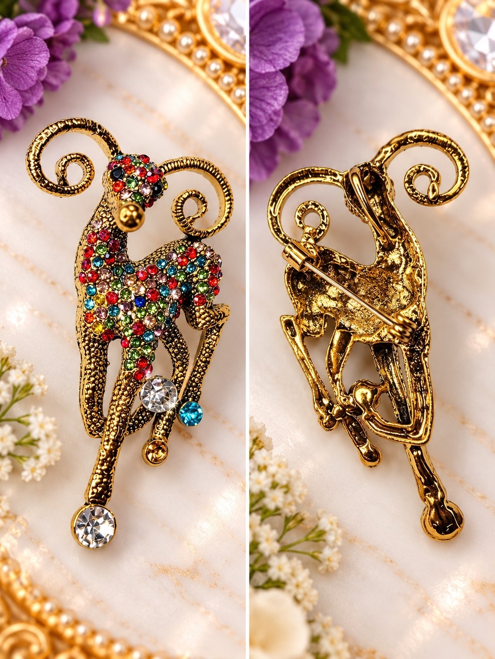 Multicolor Rhinestone Ram Statement Brooch 🐏✨